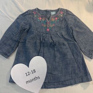GAP - long sleeve denim style dress with embroidered flowers. Size 12-18 months